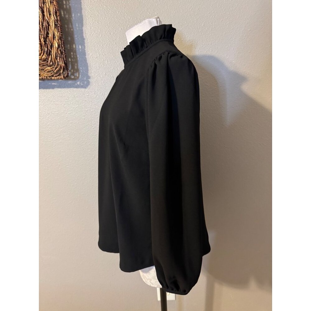 J Crew Top M Medium Black Ruffle Crew Neck Washable Long Sleeve Classic - Picture 3 of 12